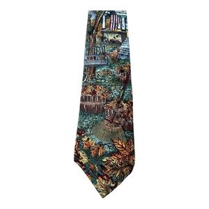 Vintage Americana Silk Tie Autumn Scene Dog Flag House Made USA 4x56 Nostalgic